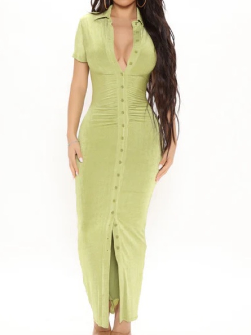 Fashion Nova Lime Green Button-Front Midi Dress